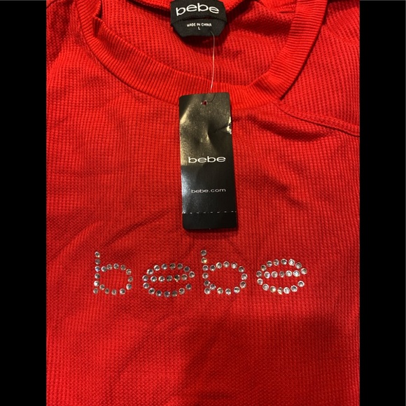Bebe Logo Thermal Tie Waist Top Cherry Red Size L - Picture 6 of 9